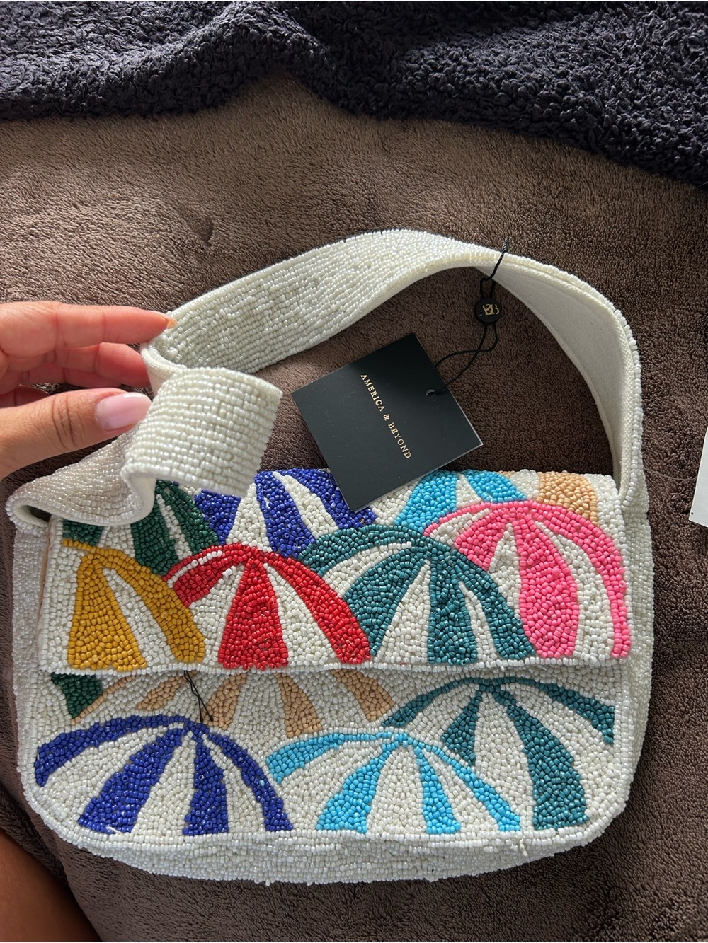 American & Beyond White Beaded Shoulder Bag with Multicolor Umbrella Motifs